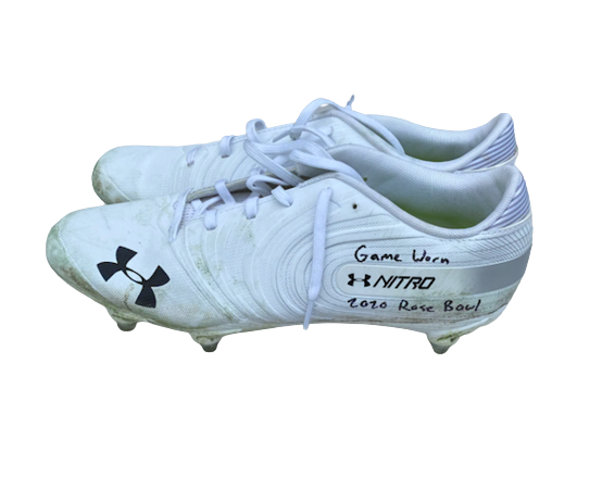 Jack Coan Wisconsin Football SIGNED & INSCRIBED Game Worn 2020 Rose Bowl Cleats (Size 12)