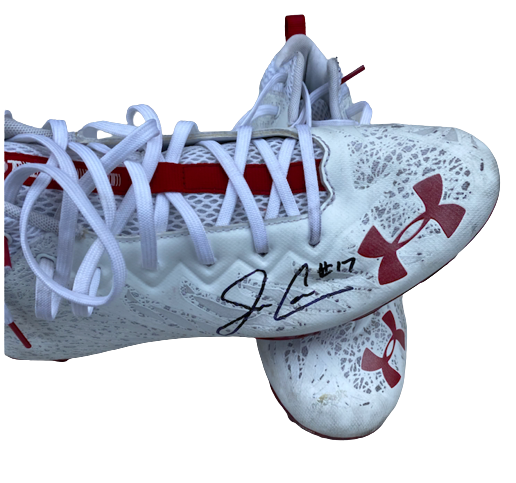 Jack Coan Wisconsin Football SIGNED & INSCRIBED Game Worn 2020 Away Cleats (Size 12)