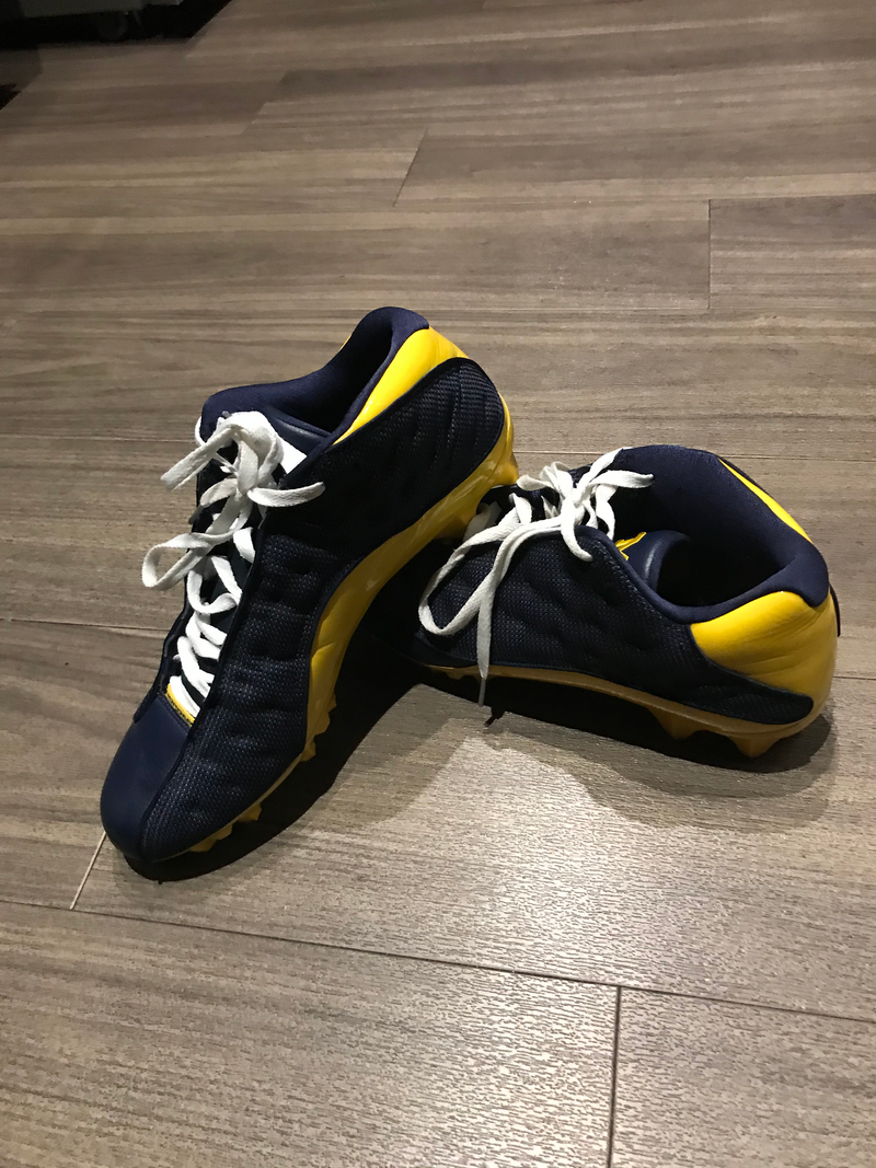 Khalid Hill Michigan Player Exclusive Outback Bowl (1/1/18) Game Worn Jordan Cleats (Size 13)