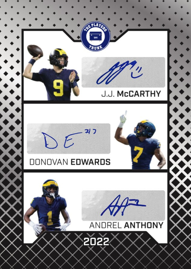 J.J. McCarthy & Donovan Edwards & Andrel Anthony Triple SIGNED Limited Silver Variation 1st Edition 2022 Trading Card (